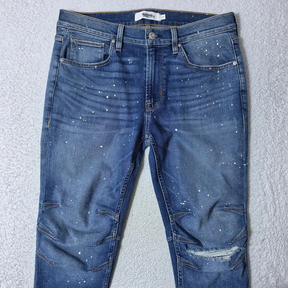Hudson Zack Skinny Mens 33 Jeans Blue Paint Splatter Distressed Articulated Knee